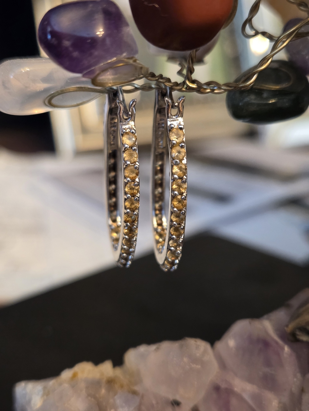 Vintage Sterling Silver Hoop Earrings with Pave Citrine Stones